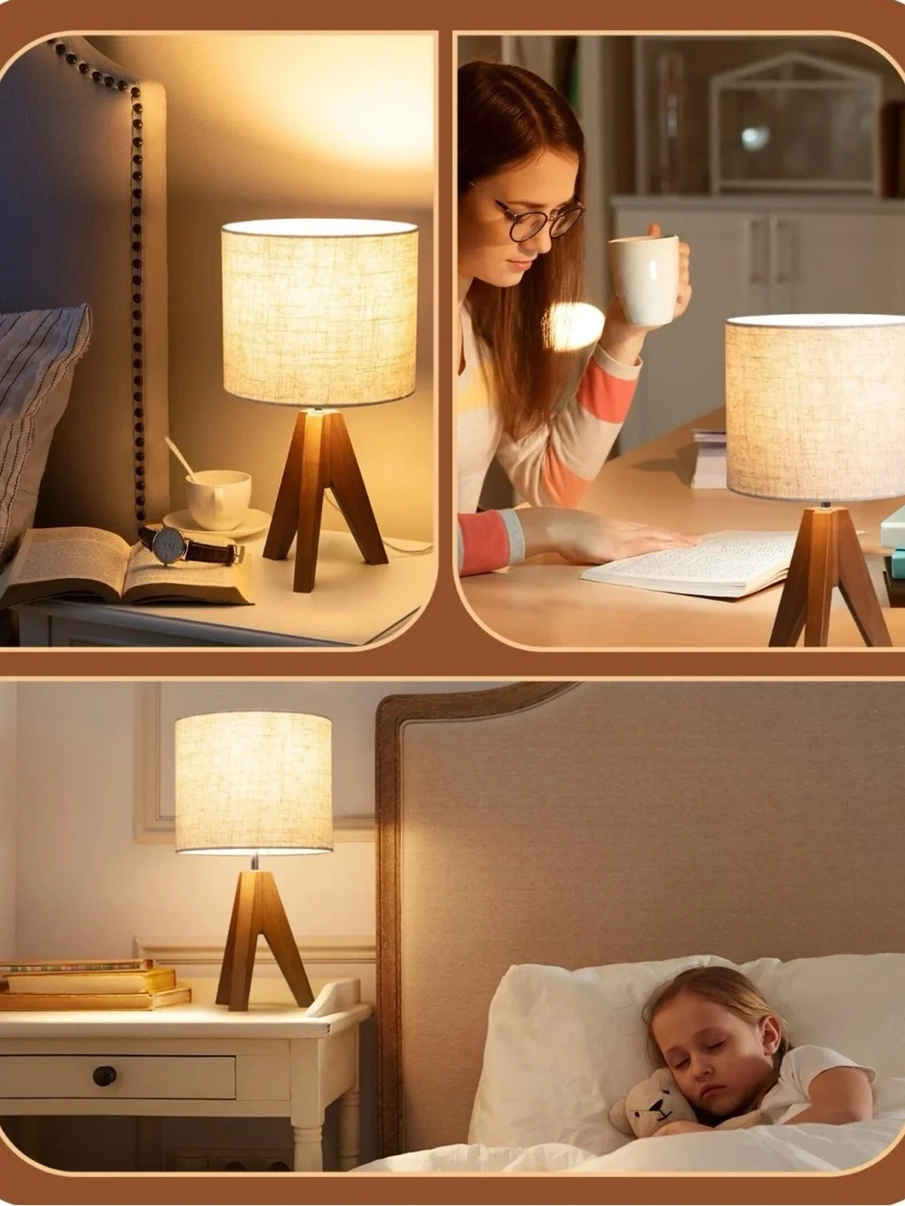 EDISHINE Wood Tripod Small Table Lamp Linen Beige Lampshade, Nightstand Lamp